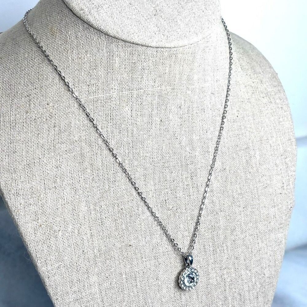 NWT Paved Round Crystal Pendant Adjustable Necklace Silver-tone Size 17"